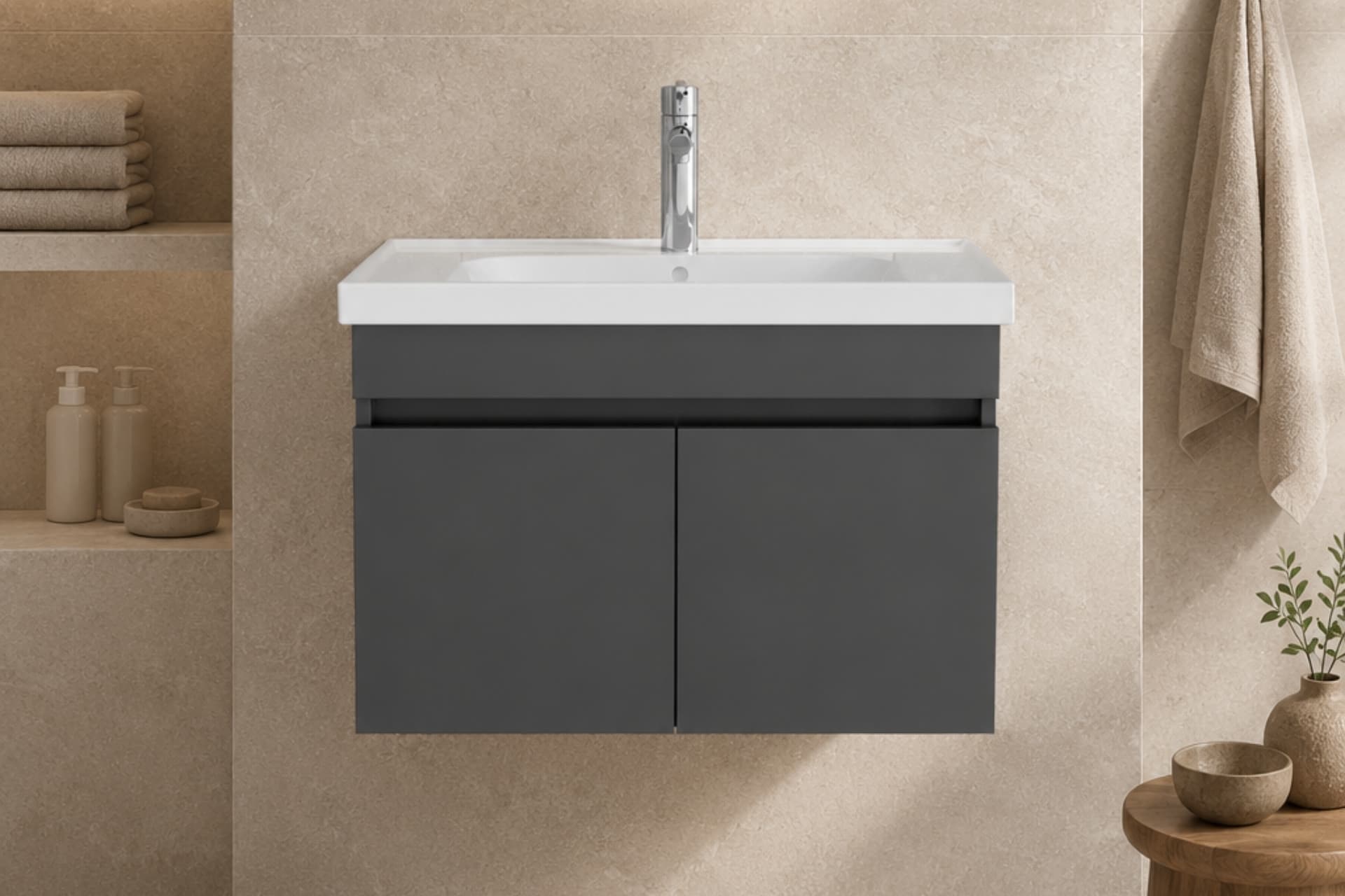 LODE KALE ANTRASİT 80 CM SERAMİK LAVABOLU ALT BANYO DOLABI