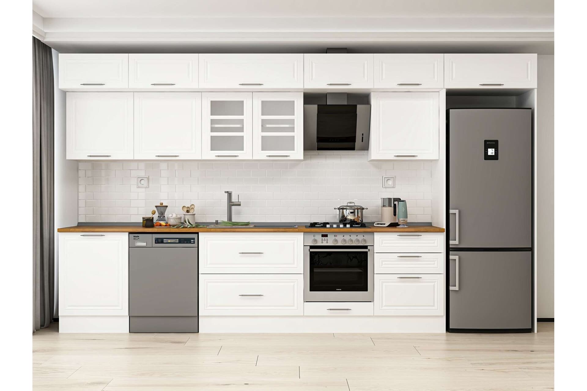 ALVİNKA 410X240 CM KLASİK MEBRAN MUTFAK DOLABI, MB E90S60S60 3 MEBRAN BEYAZ SUNTALAM