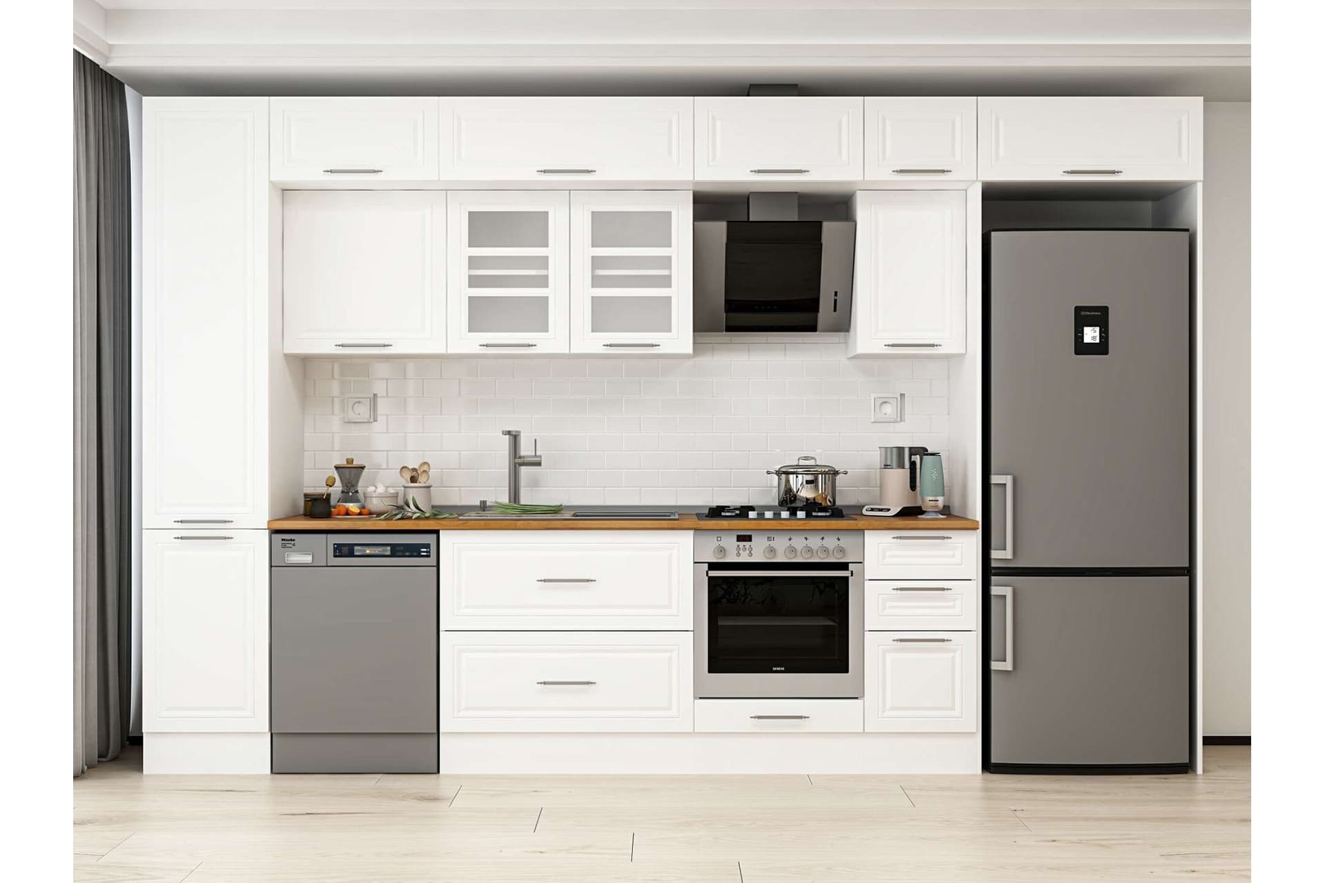 ALVİNKA 375X240 CM KLASİK MEBRAN MUTFAK DOLABI, MBB E90B45S40 3 MEBRAN BEYAZ SUNTALAM