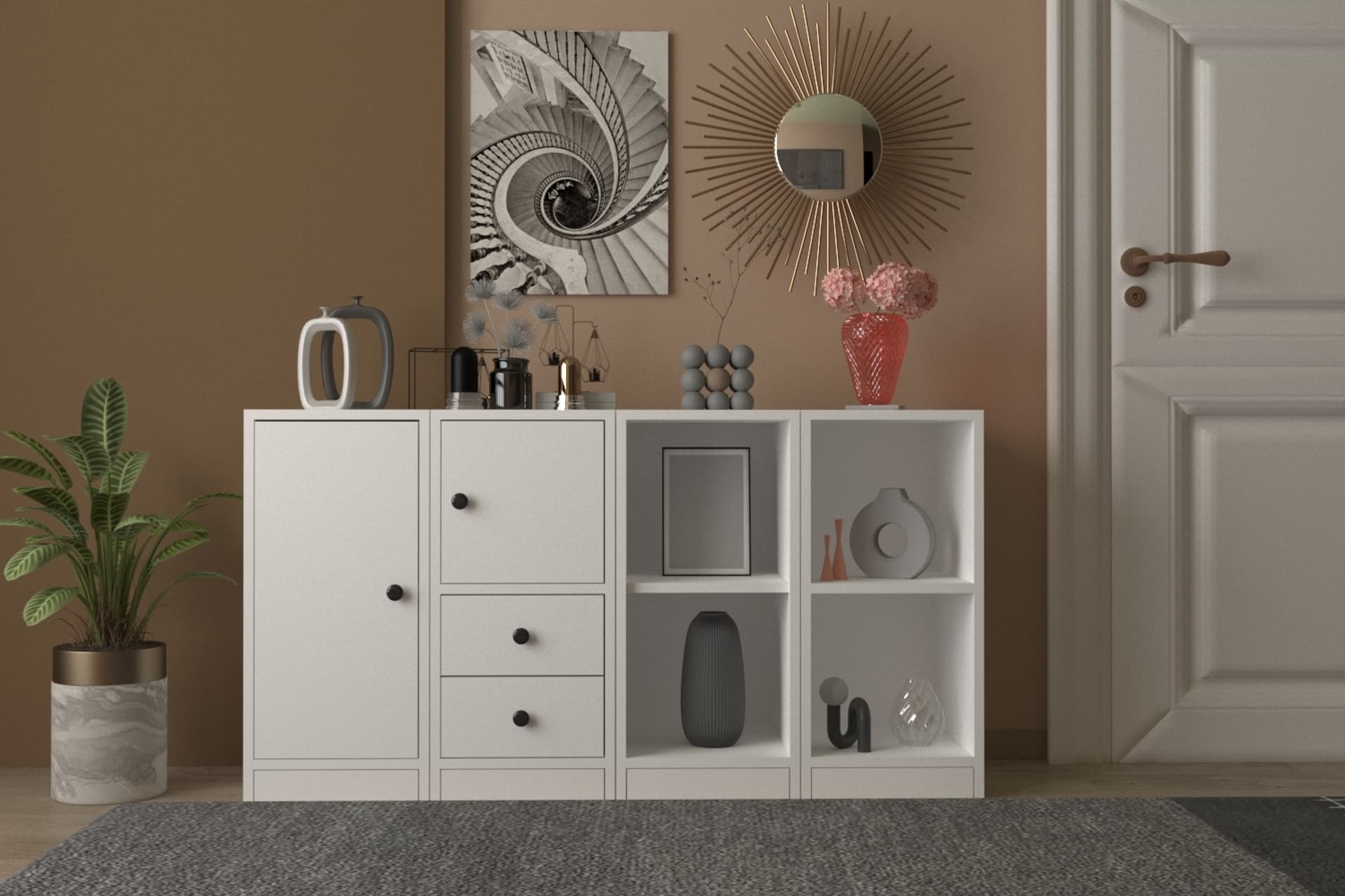 CONSOLA RAFLI DOLAPLI ÇEKMECELİ KONSOL BEYAZ 130 CM KNS-1041-Ç