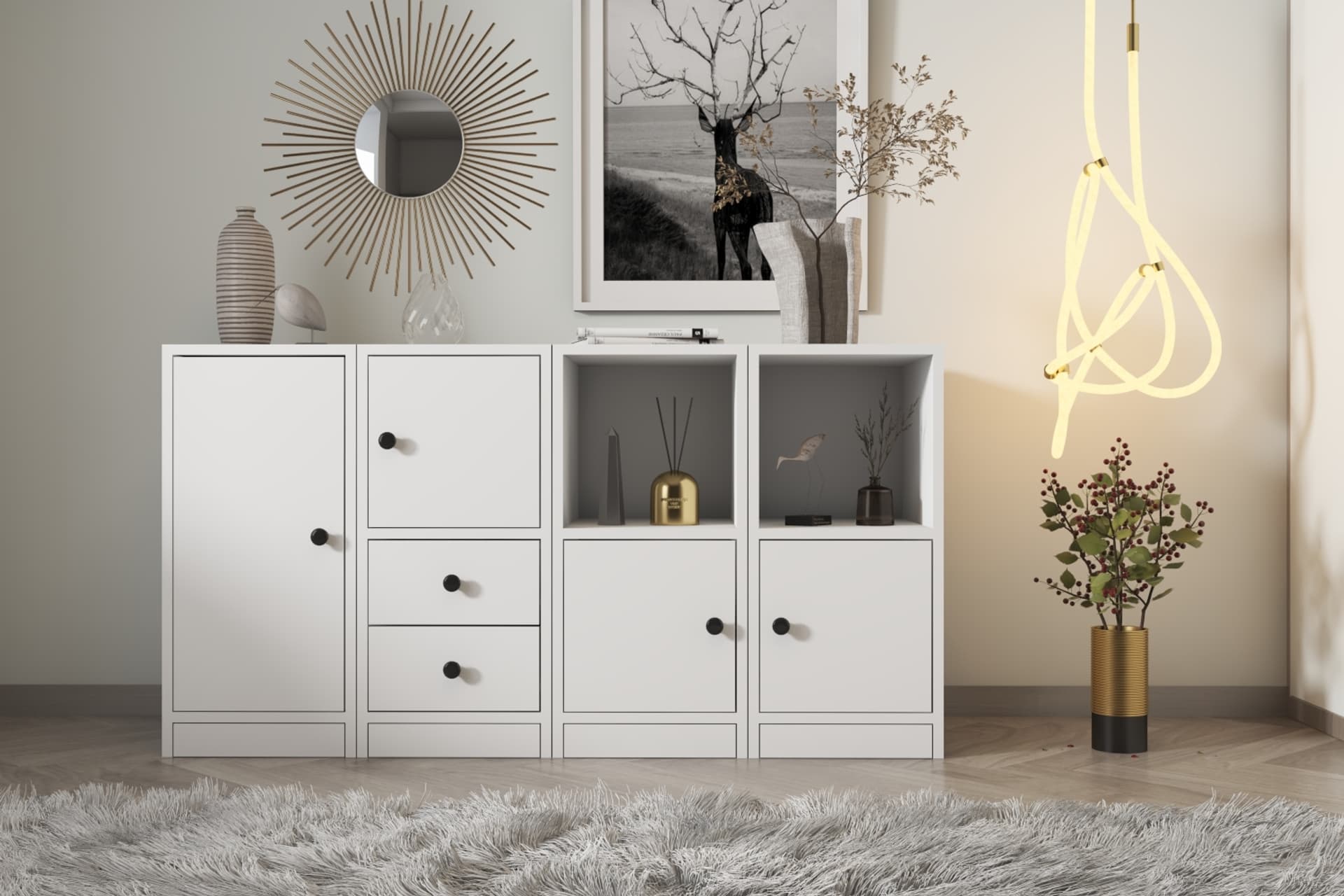 CONSOLA RAFLI DOLAPLI ÇEKMECELİ KONSOL BEYAZ 130 CM KNS-1044-Ç