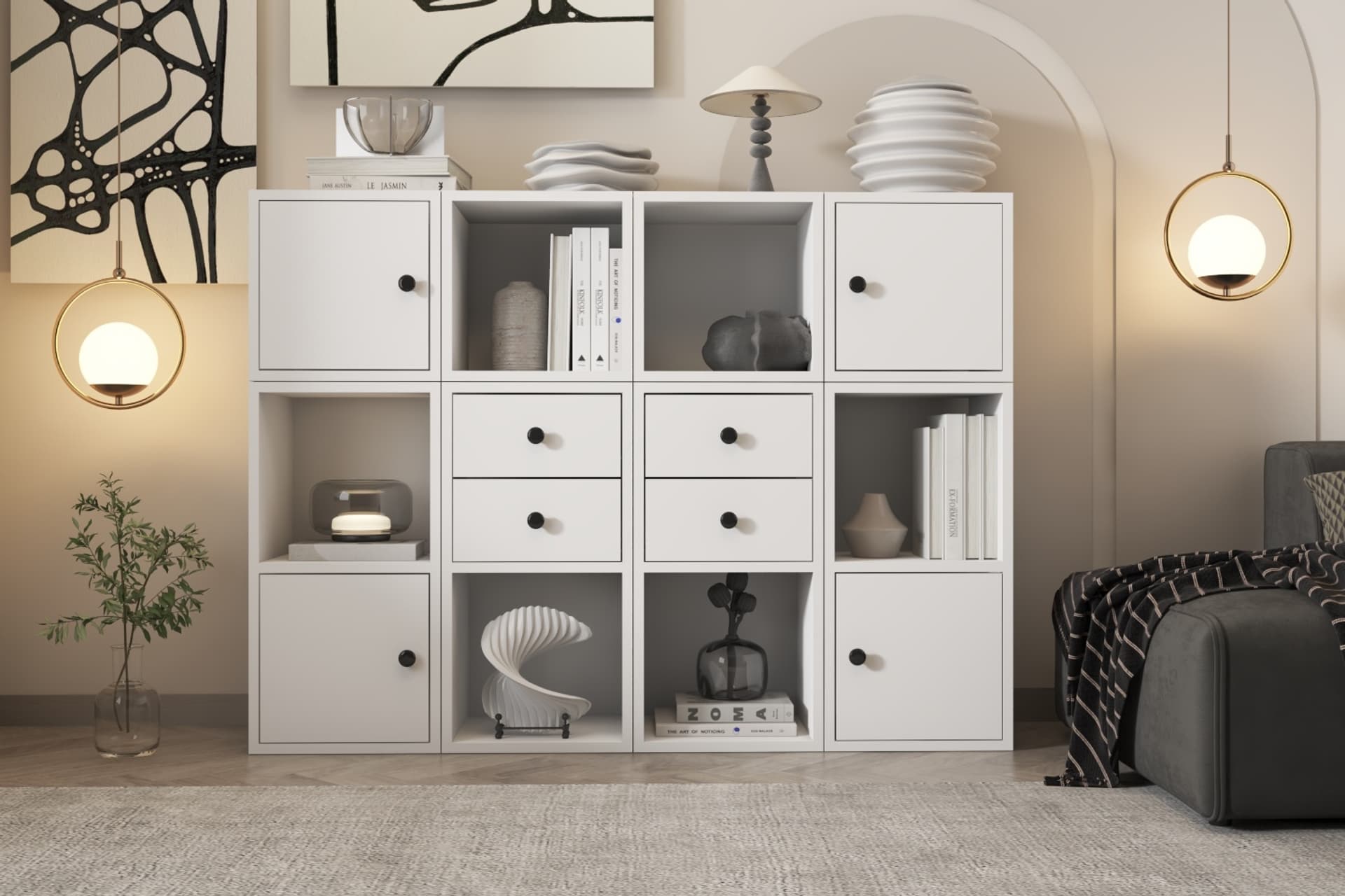 LEKSA 4 KAPAKLI ÇEKMECELİ RAFLI KİTAPLIK 130 CM BEYAZ KTP-1094-Ç