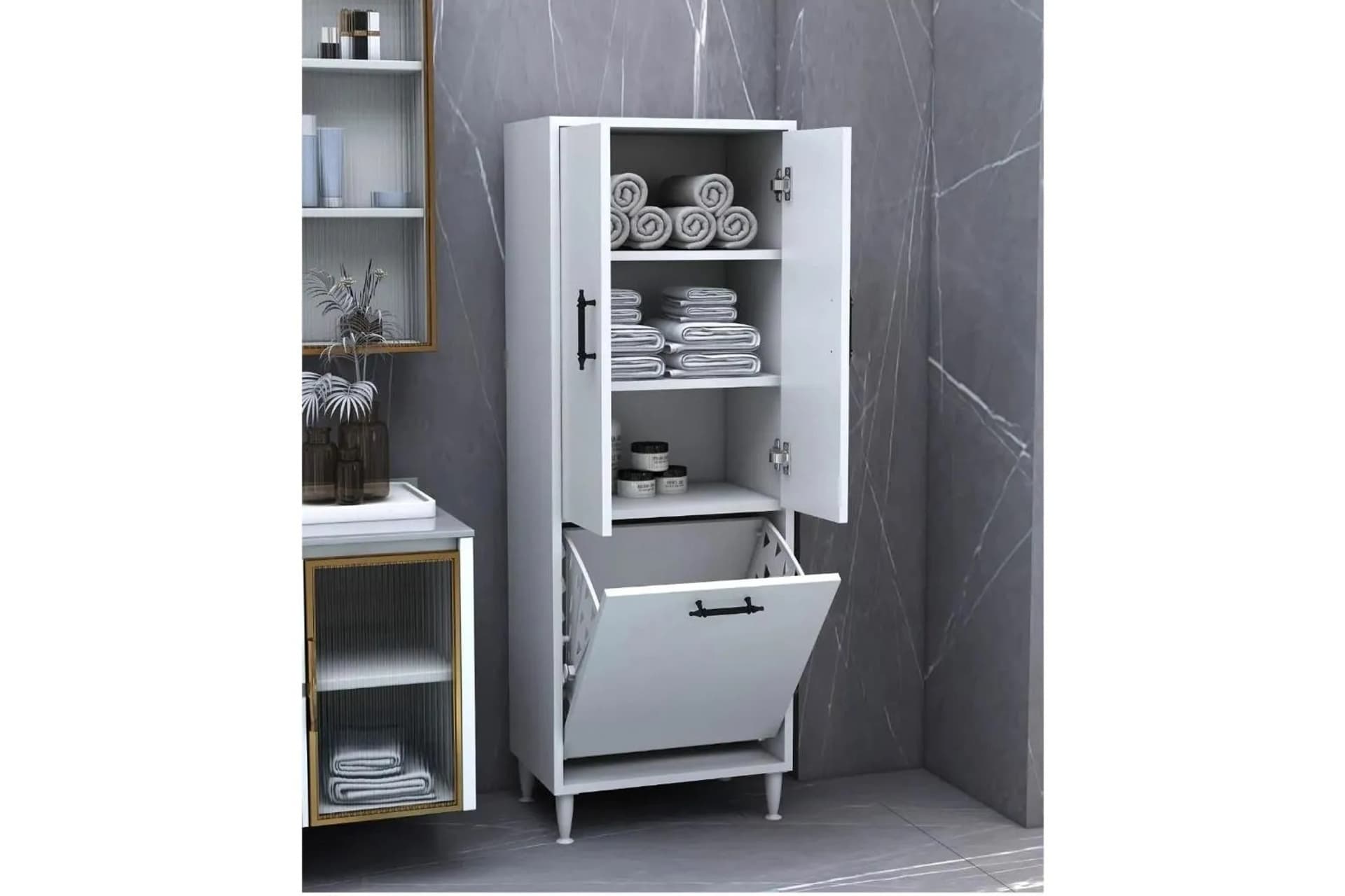 EMİLY KİRLİ ÇAMAŞIR SEPETLİ KAPAKLI BANYO DOLABI, BEYAZ