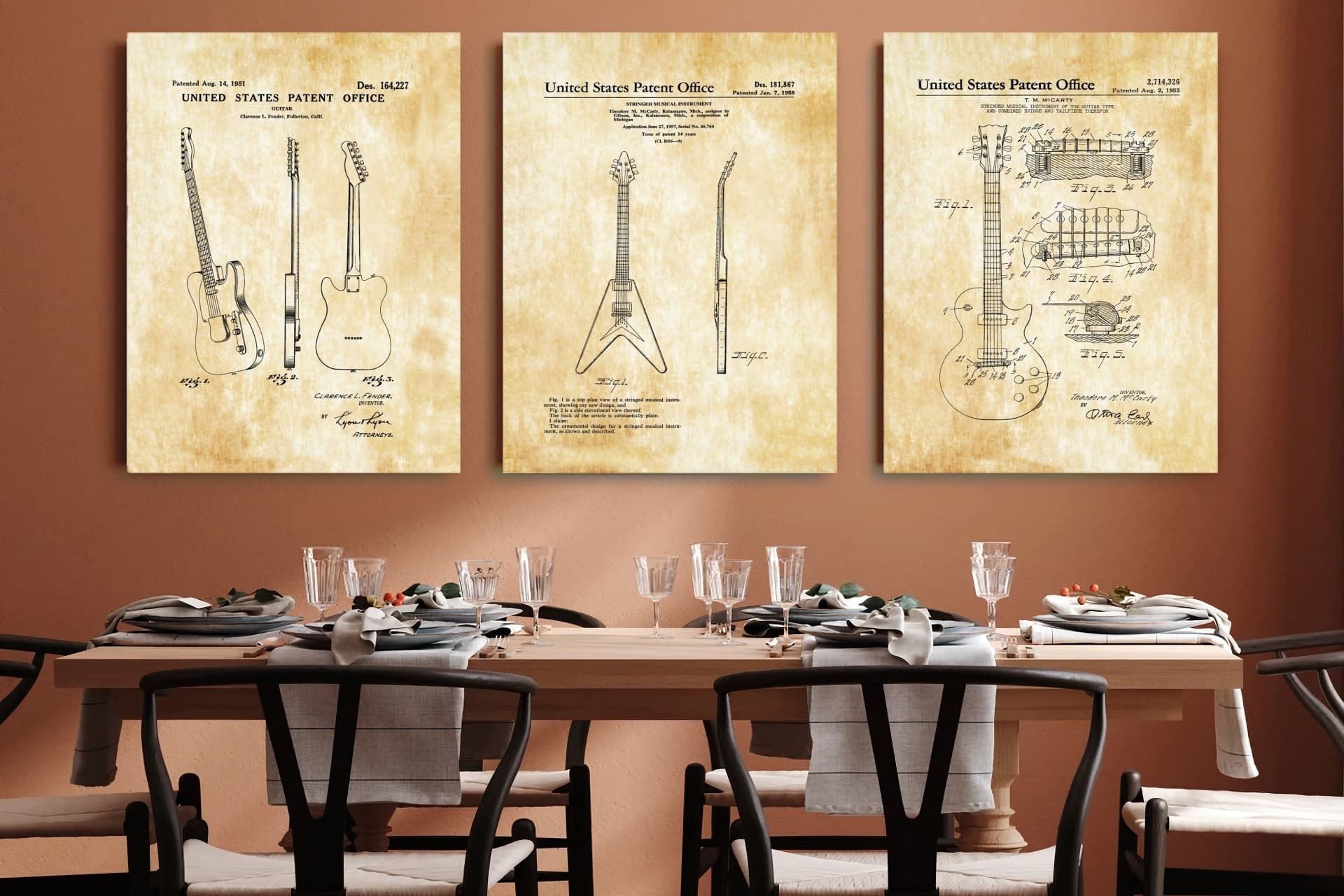 AHŞAP ÇERÇEVELİ VİNTAGE TABLO SETİ, GİTAR, 50X70
