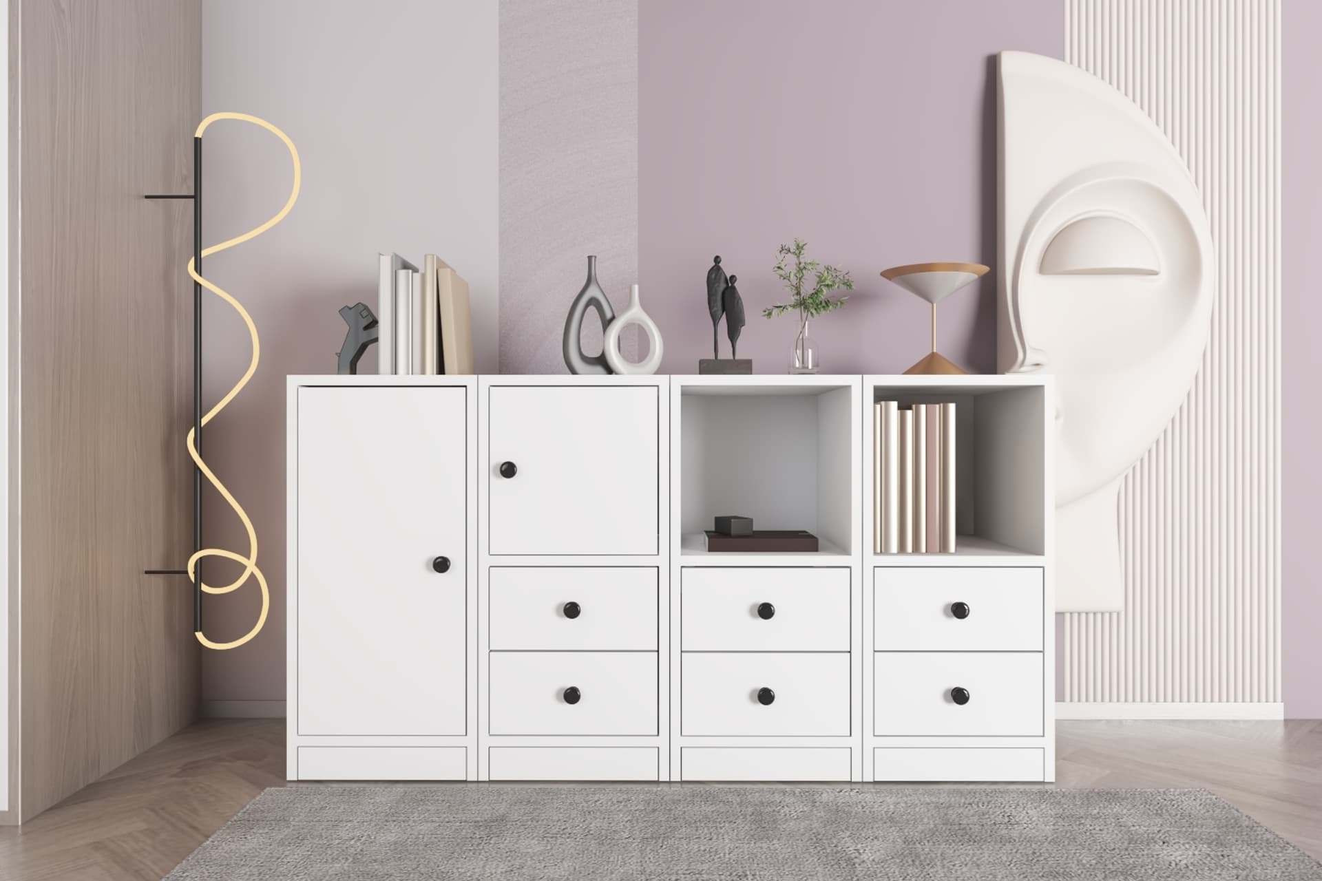 CONSOLA RAFLI DOLAPLI ÇEKMECELİ KONSOL BEYAZ 130 CM KNS-1045-Ç