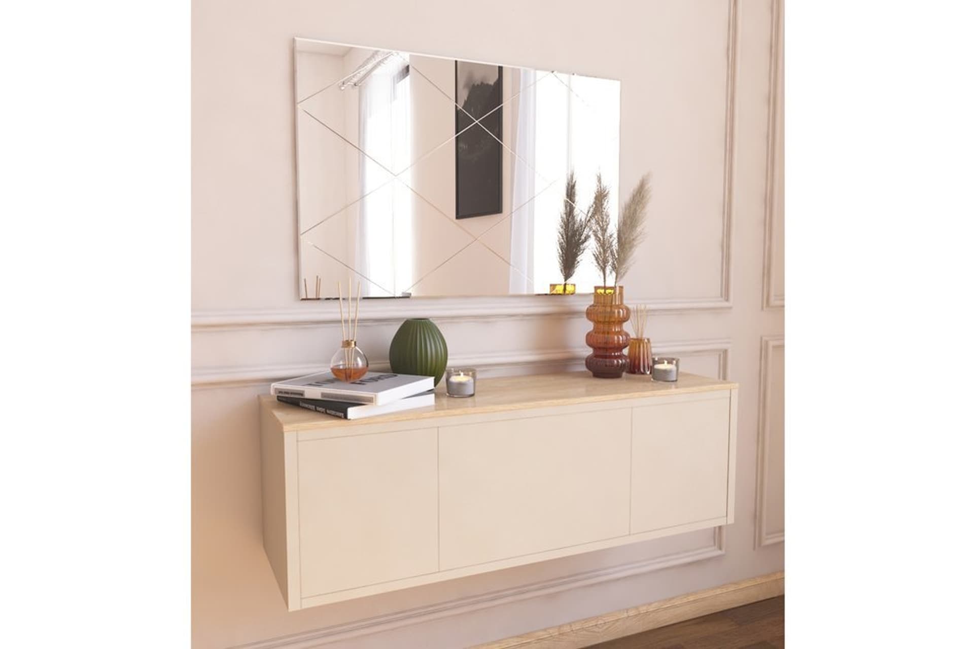 MONE AYNA BAKLAVA DESENLİ SALON AYNASI, GOLD