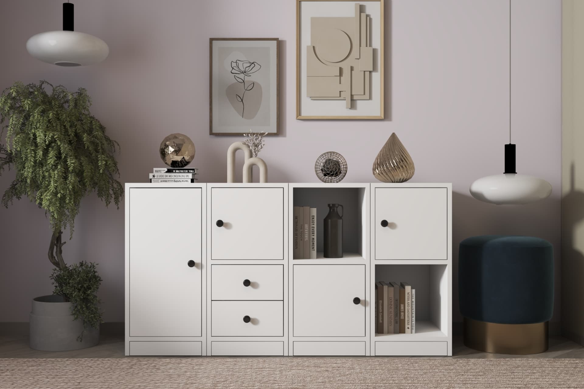 CONSOLA RAFLI DOLAPLI ÇEKMECELİ KONSOL BEYAZ 130 CM KNS-1046-Ç