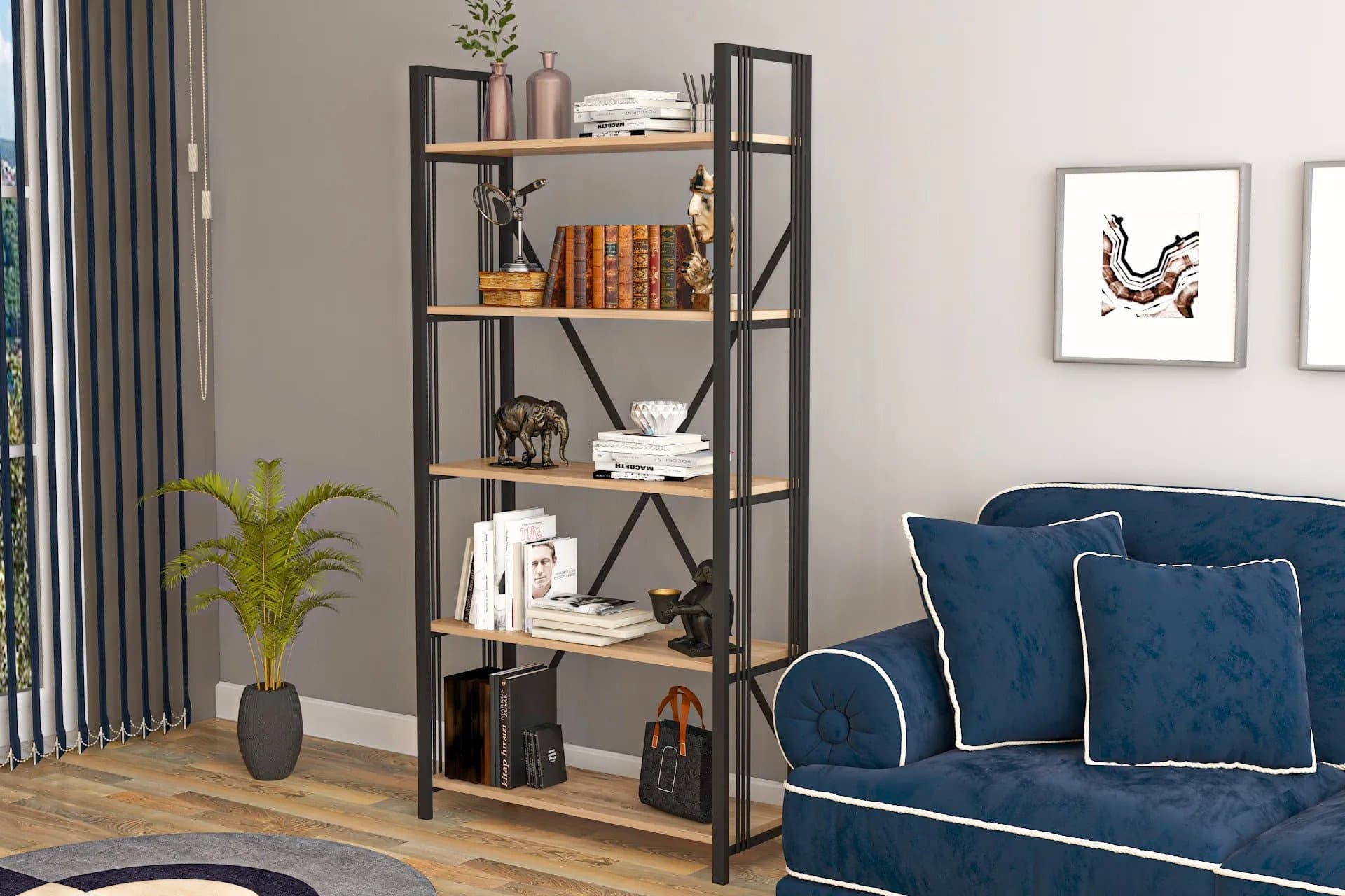 ASEL LUX 5 RAFLI METAL KİTAPLIK, ÇAM