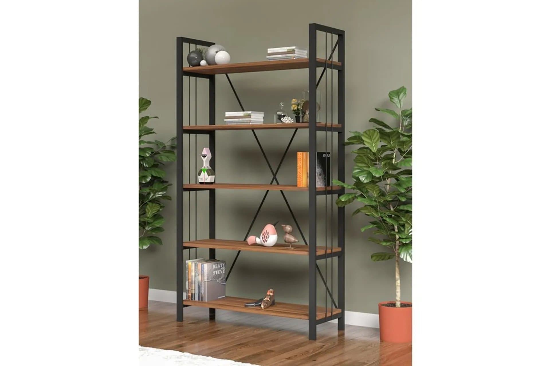 BEGÜM LUX 5 RAFLI METAL KİTAPLIK, CEVİZ