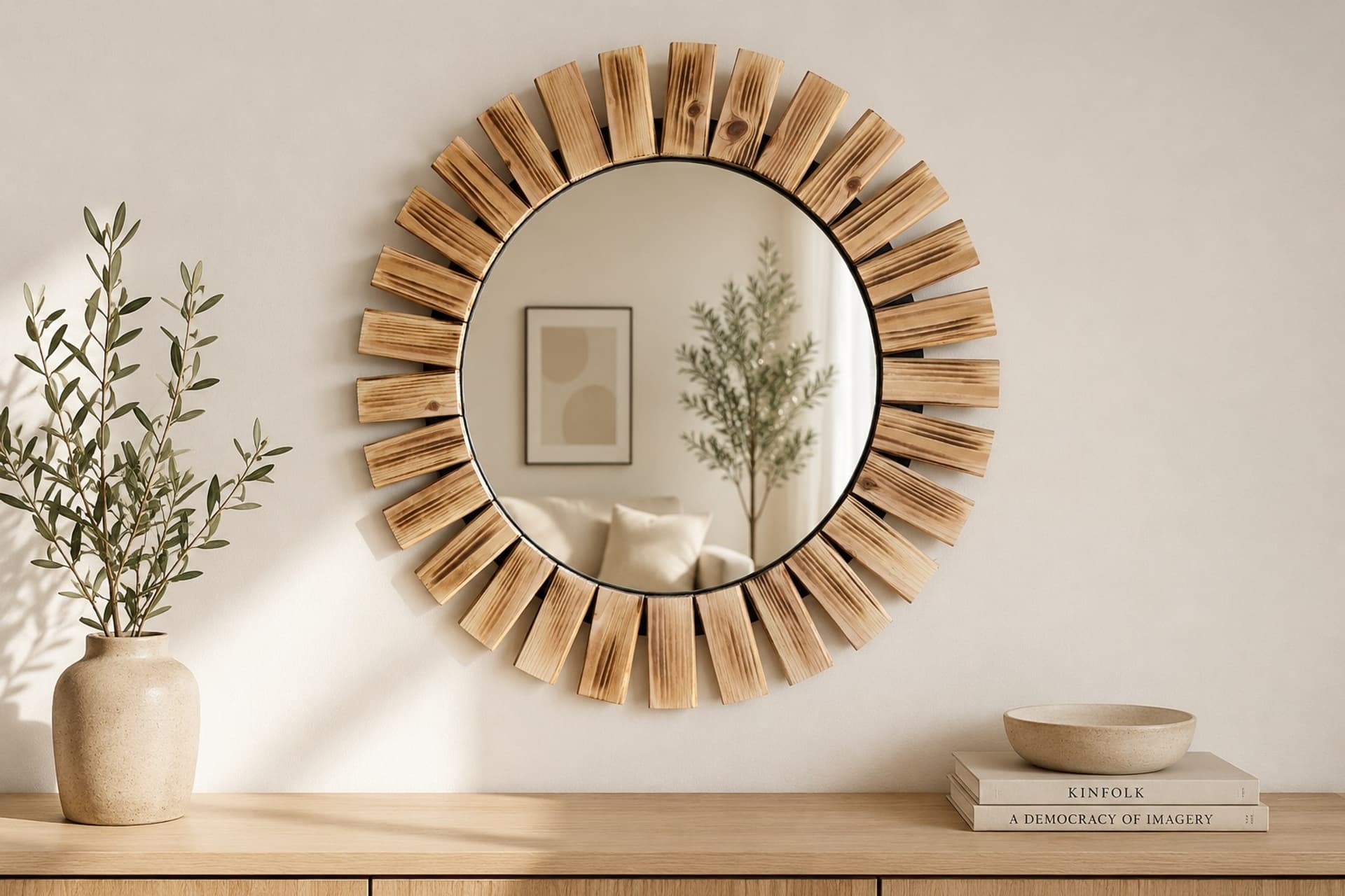 DFN WOOD NATUREL AHŞAP YUVARLAK DEKORATİF AYNA, 50X50 CM