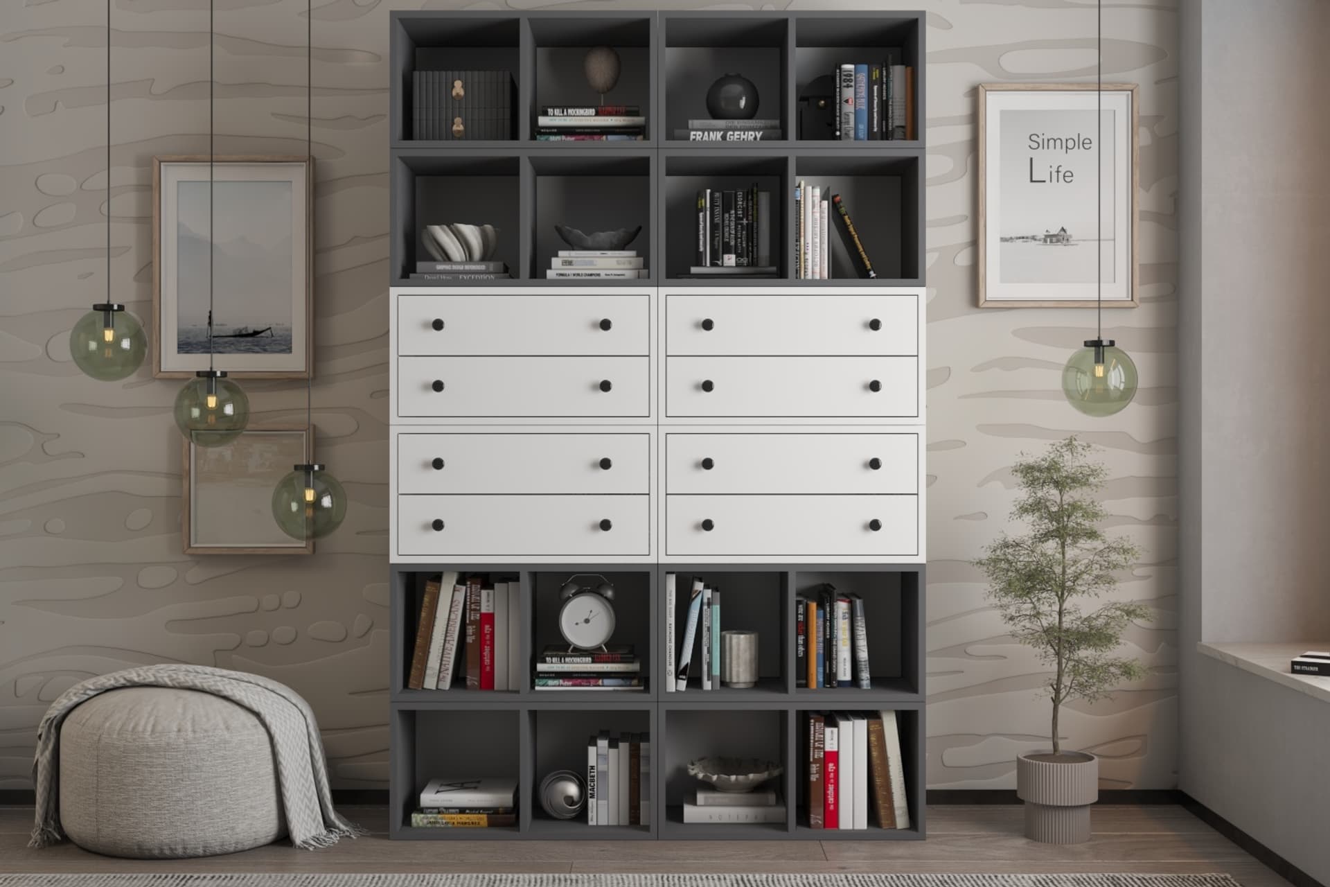 LİNEA ANTRASİT BEYAZ ÇOK AMAÇLI ÇEKMECELİ BÖLMELİ KİTAPLIK NRG KTP 1120