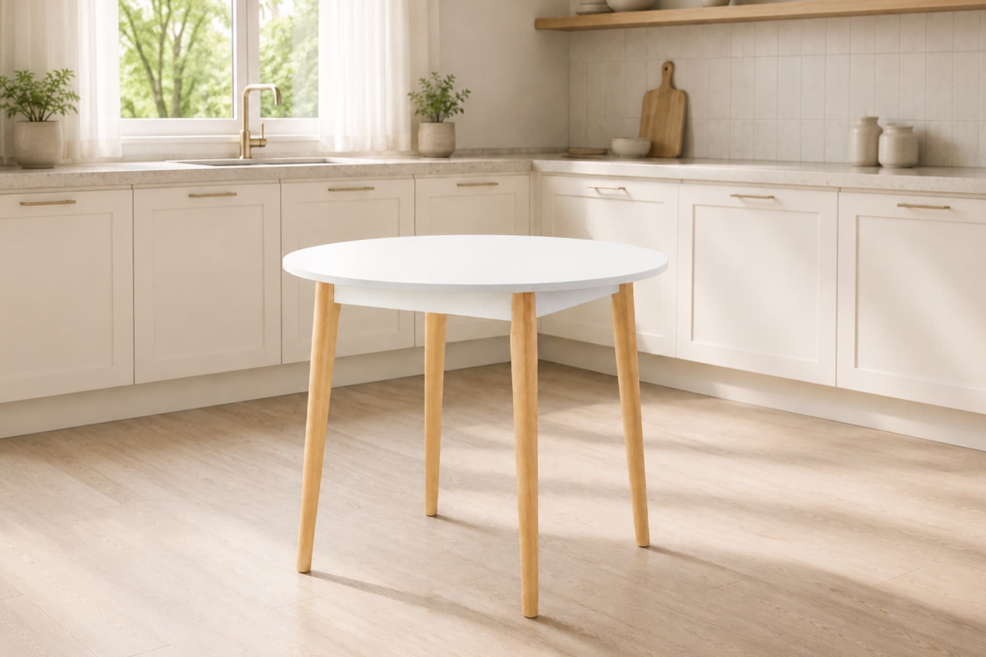 AVANOS YUVARLAK SABİT MDF MUTFAK MASASI, Q90 CM, BEYAZ NATUREL