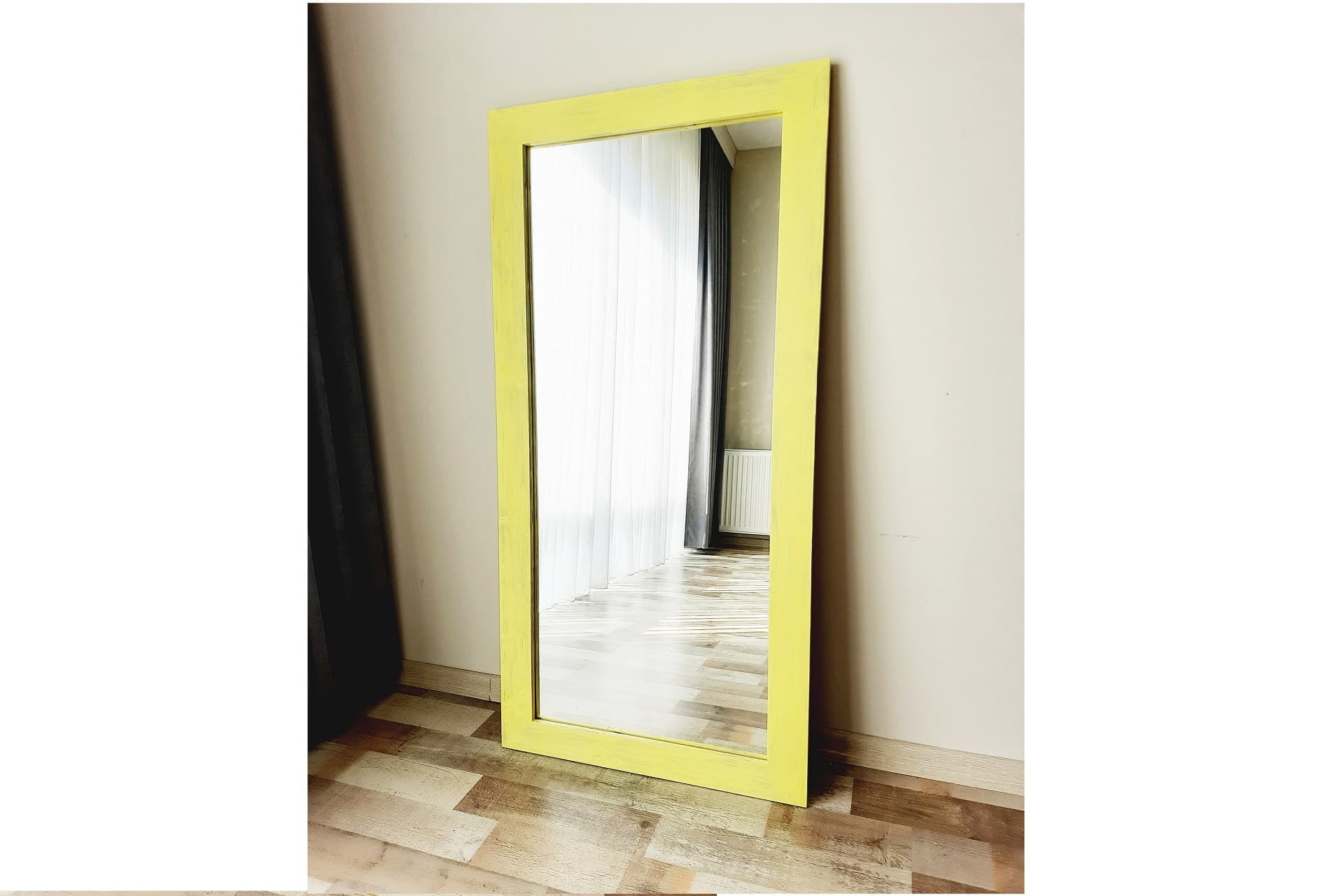 DFN WOOD MASİF AHŞAP DİKDÖRTGEN DEKORATİF AYNA, SARI, 120X50