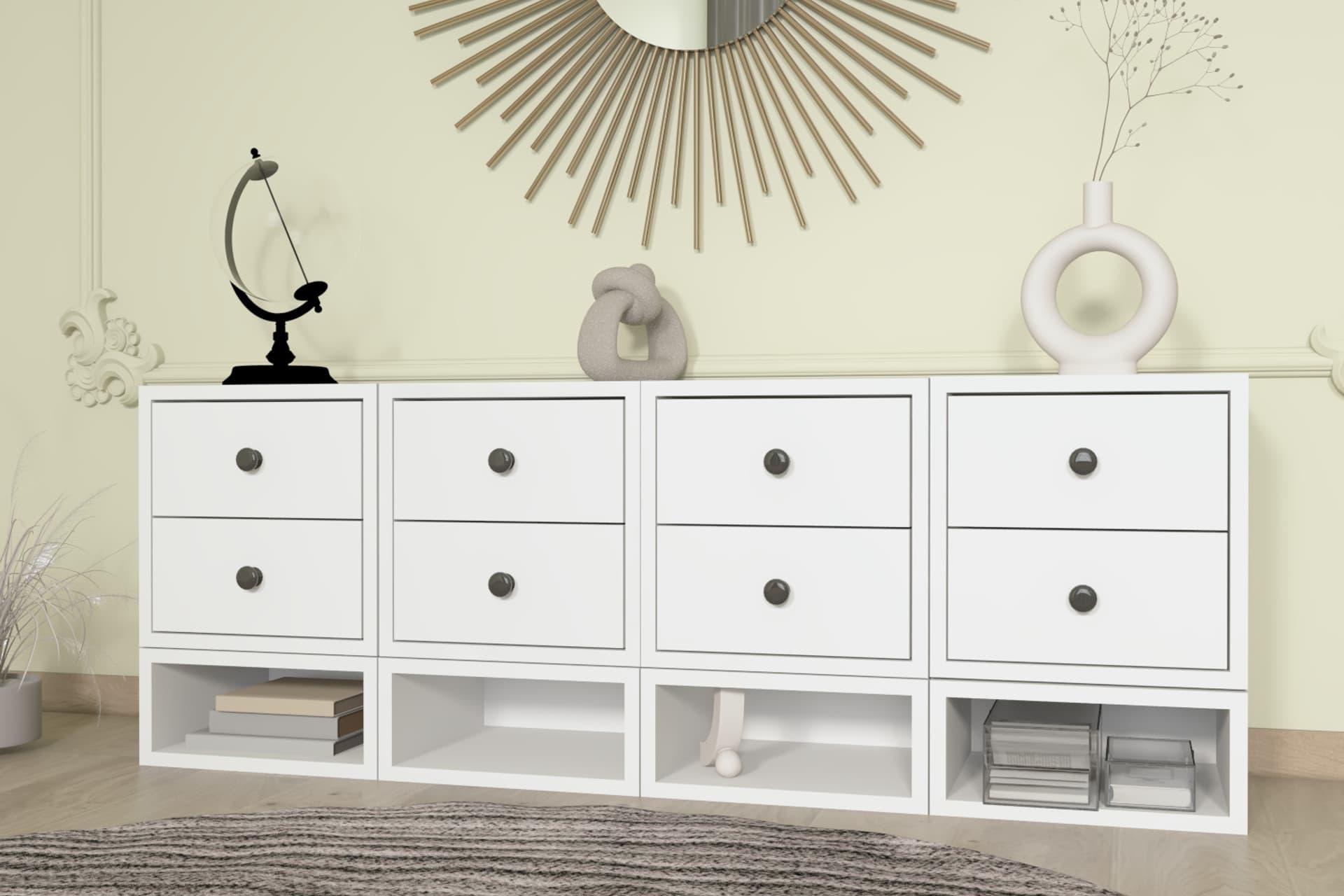 CONSOLA MİNİMAL MODERN KONSOL 8 ÇEKMECE ALT RAF ORGANİZERLİ MAT BEYAZ 135 CM-NRG-KNS-1016