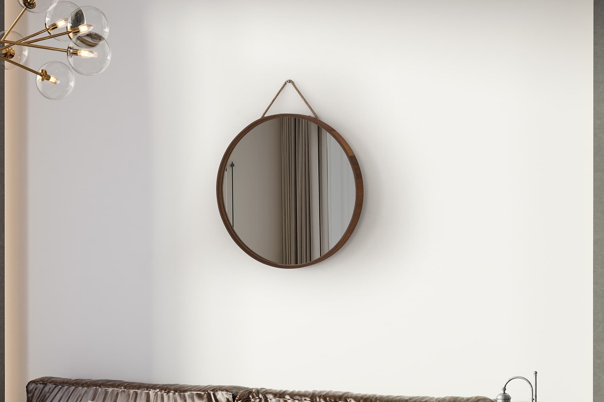 MİRORA YUVARLAK DEKORATİF DUVAR AYNASI, YERLİ CEVİZ, 48 CM