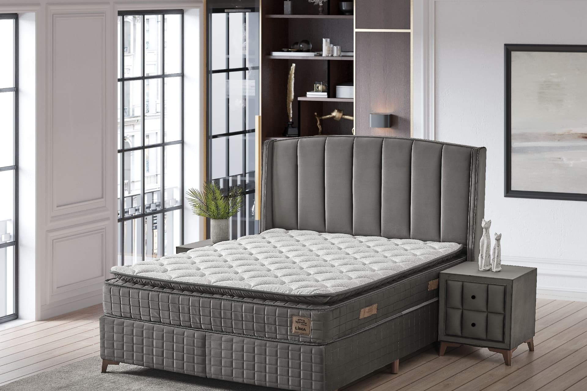 LİMA BAZA BAŞLIK YATAK SETİ, GRİ, 150X200