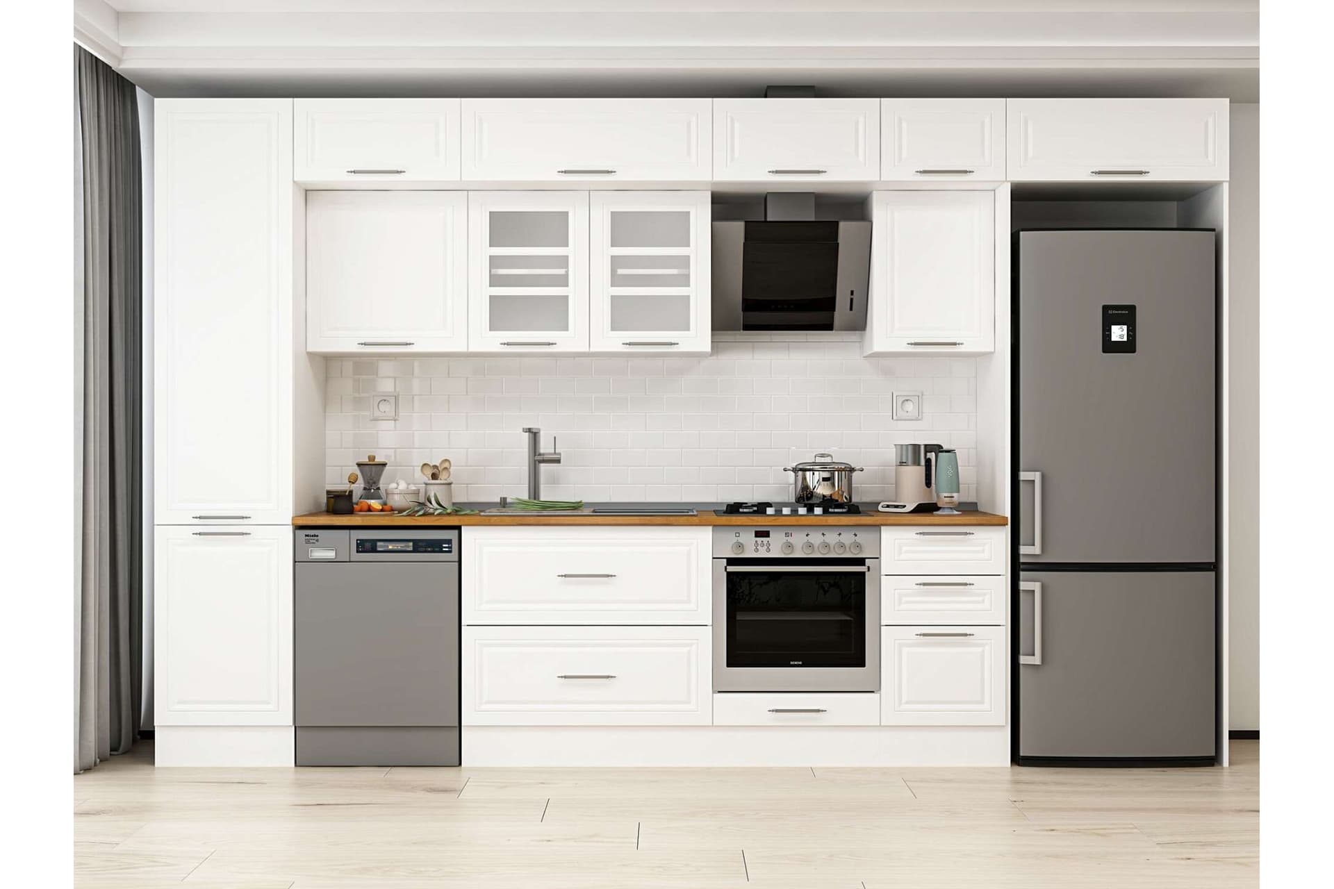 ALVİNKA 375X240 CM KLASİK MEBRAN MUTFAK DOLABI, MBB E80B50S45 3 MEBRAN BEYAZ SUNTALAM