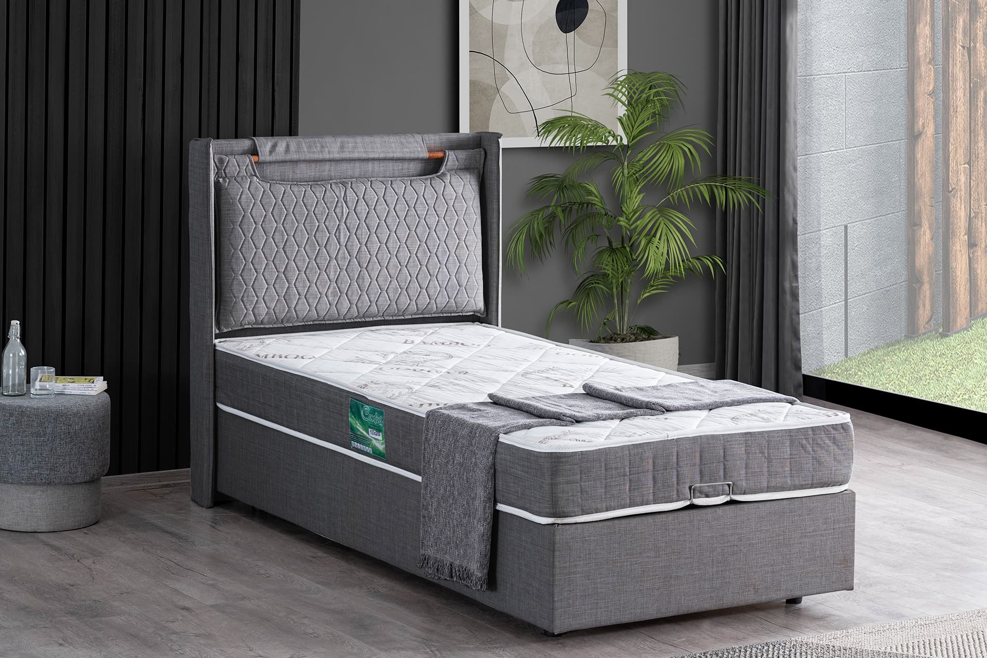 ZAGREB BAZA BAŞLIK VE COMFORT YATAK SETİ, GRİ, 90X190
