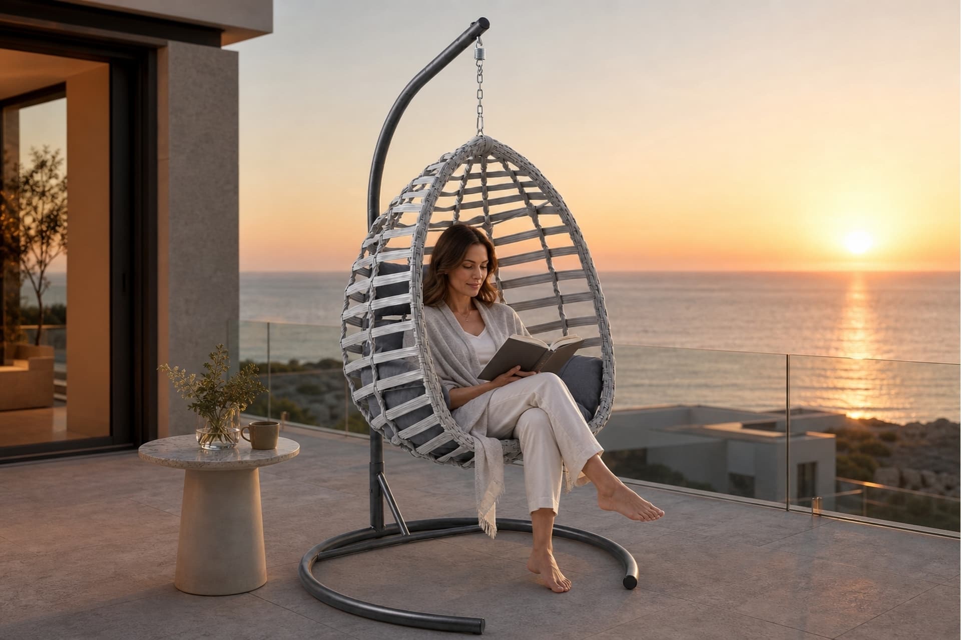 FINDIK TEKLİ RATTAN BAHÇE VE BALKON SALINCAĞI, GRİ