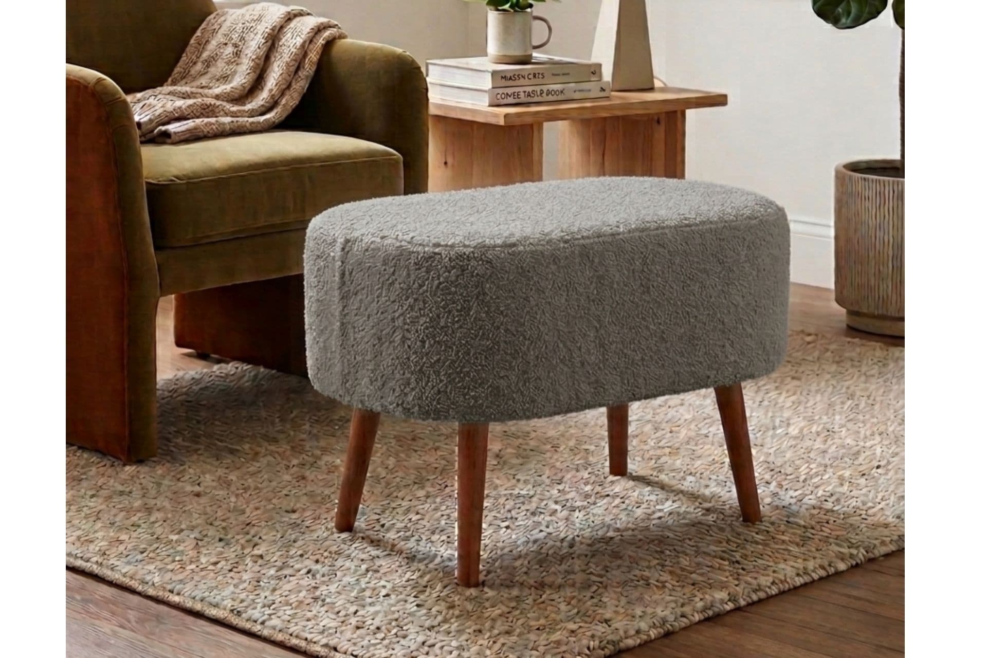 BULUT AHŞAP AYAKLI OVAL PUF,GRİ