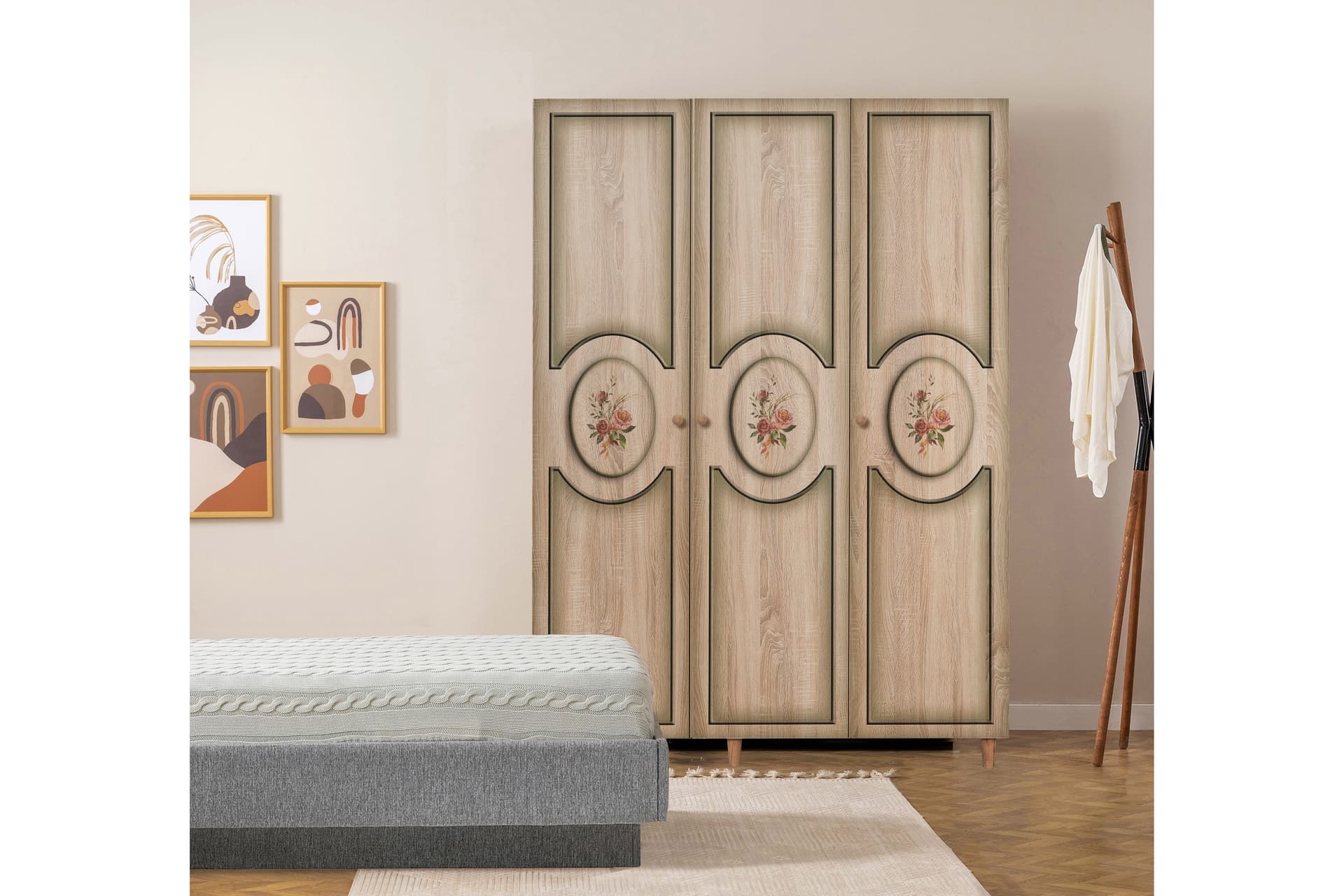 MODE GARDIROP, 3 KAPAKLI, ÇİÇEK DESENLİ, MEŞE, 135 CM