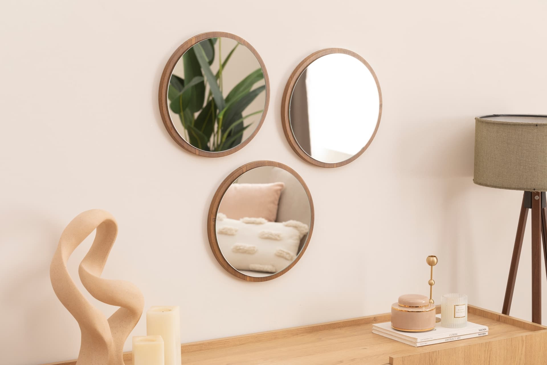 DFN WOOD MDF ÜÇLÜ YUVARLAK DUVAR AYNASI, KAHVERENGİ, 35X35