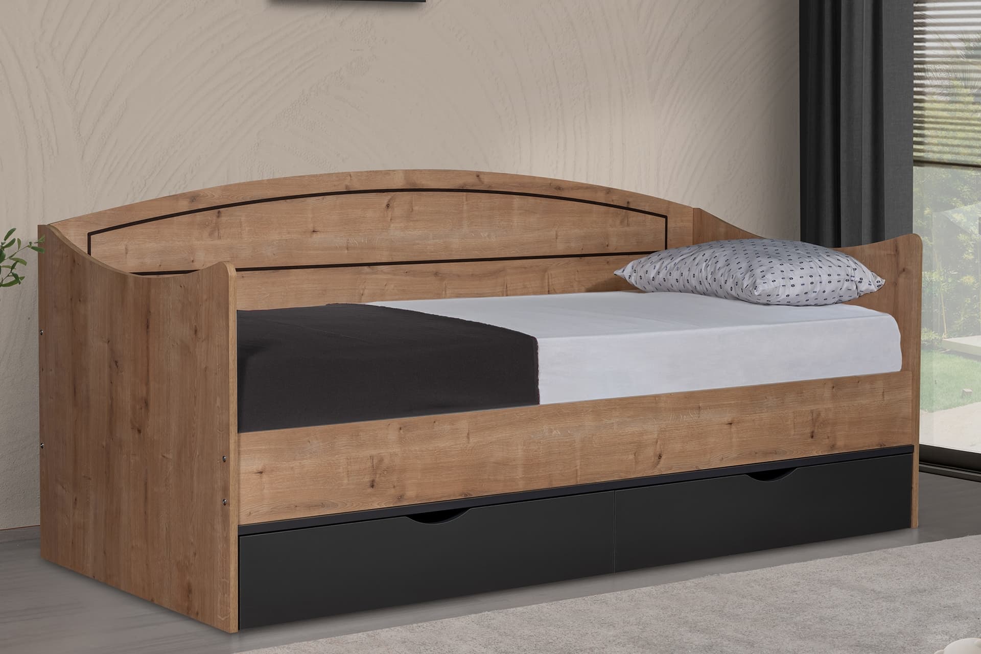SOFT ÇEKMECELİ KARYOLA, CEVİZ ANTRASİT, 90X200