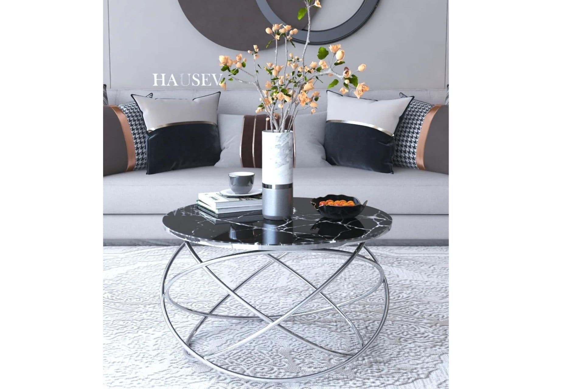TUBİHOME GEZEGEN ORTA SEHPA, GÜMÜŞ, SİYAH CAM