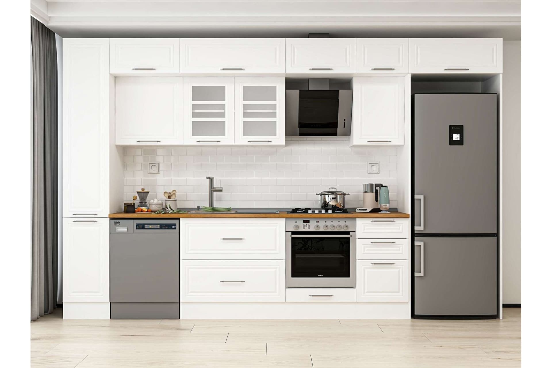 ALVİNKA 375X240 CM KLASİK MEBRAN MUTFAK DOLABI, MBB E90B40S45 3 MEBRAN BEYAZ SUNTALAM