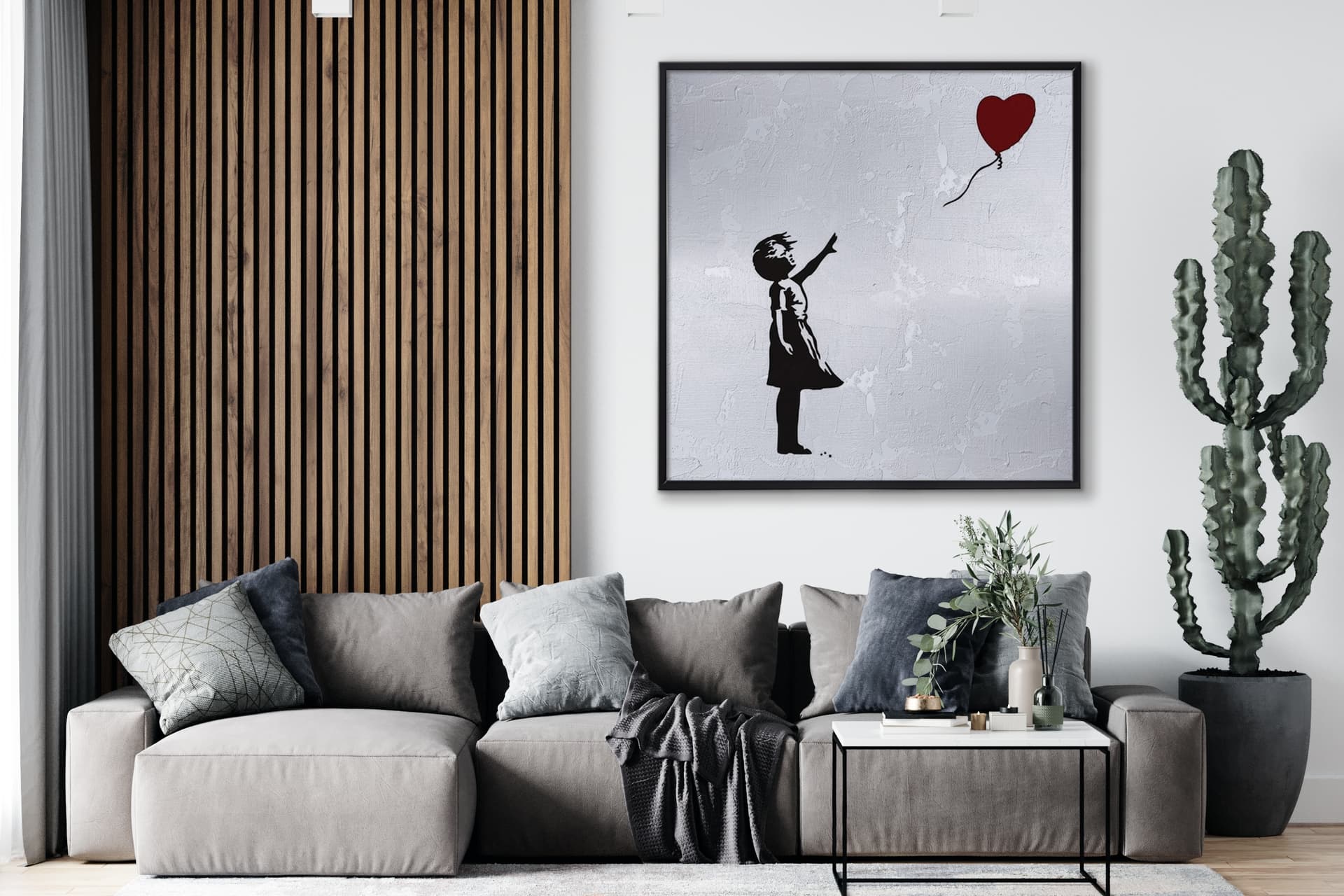 ÇERÇVELİ AHŞAP TRAVERTEN DOKULU BANKSY KIRMIZI BALON