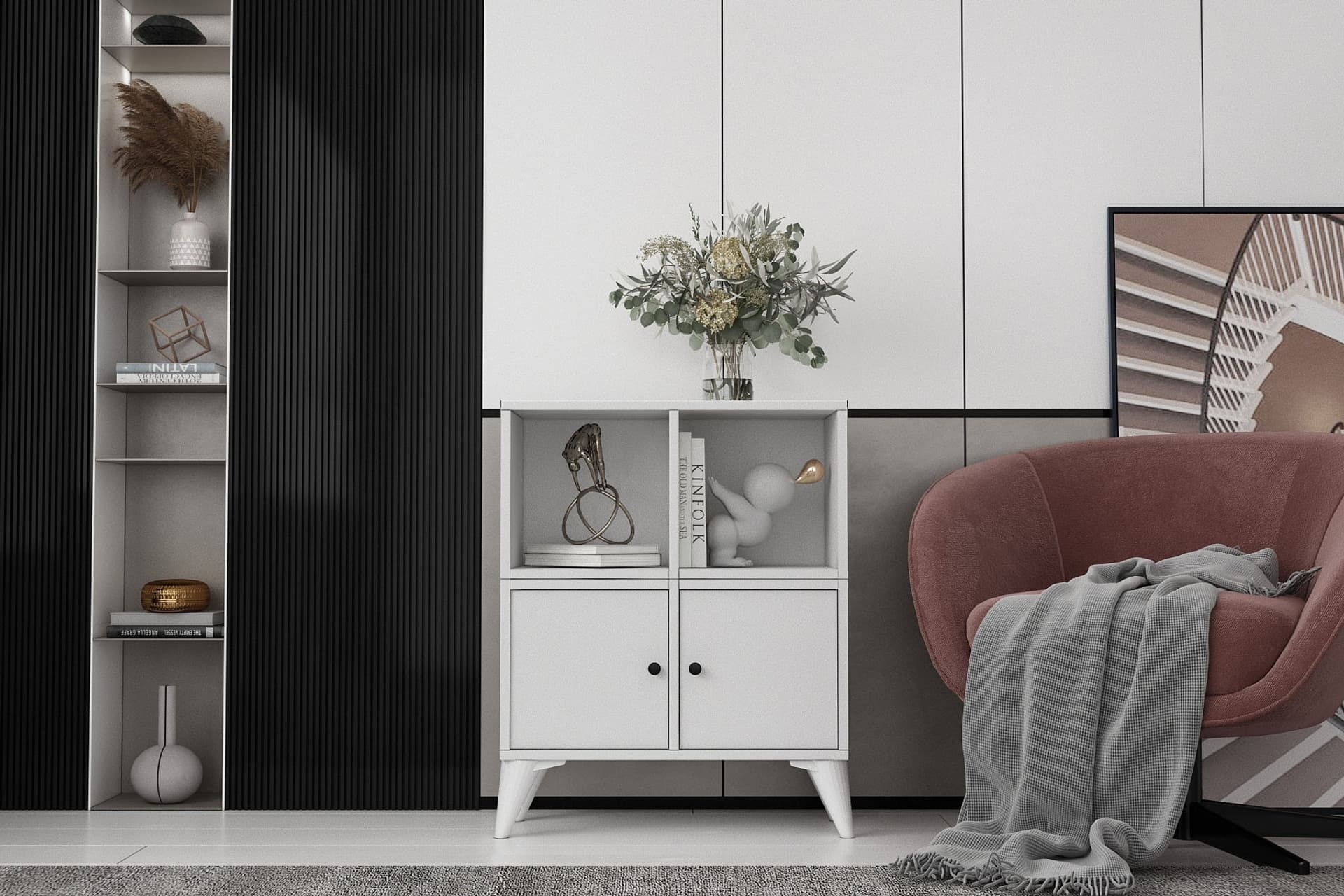 CONSOLA AYAKLI IKİ KAPAKLI RAFLI BEYAZ KONSOL ÇITASIZ KNS-1246-Ç