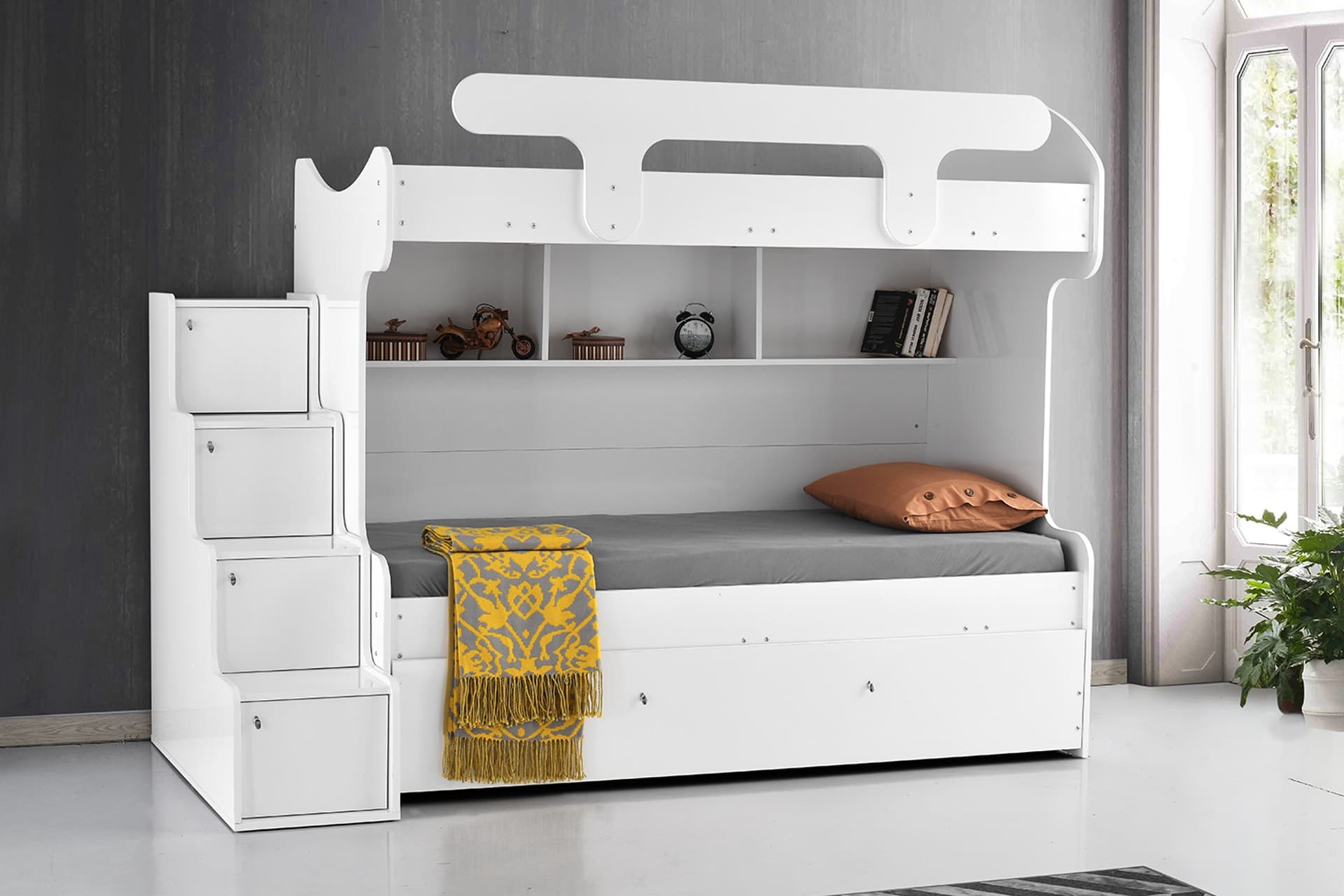 VEGA MERDİVENLİ YAVRULU RANZA, BEYAZ, 90X190