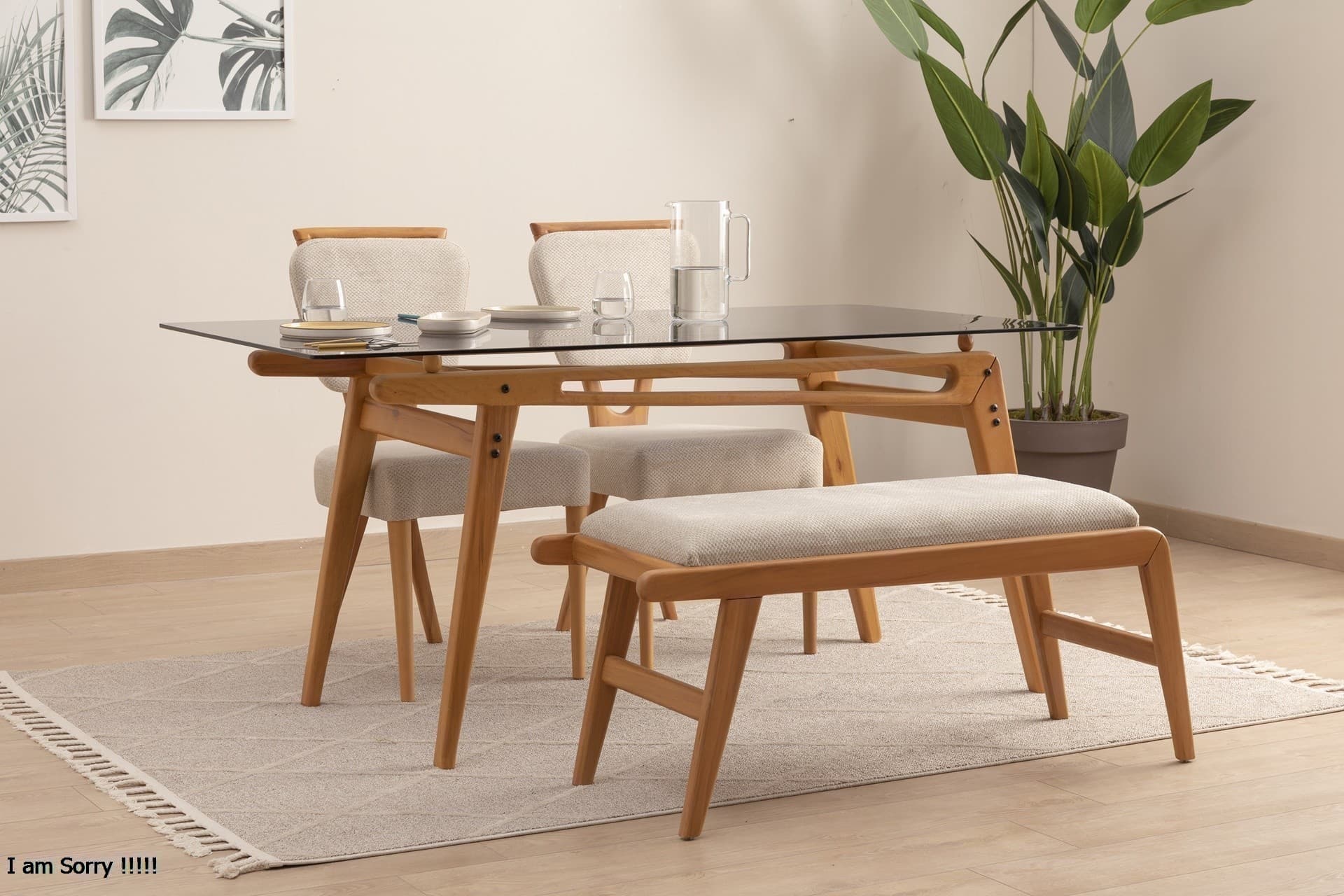 PALACE CAMLI BENCHLİ MASA TAKIMI, KREM, 160X80