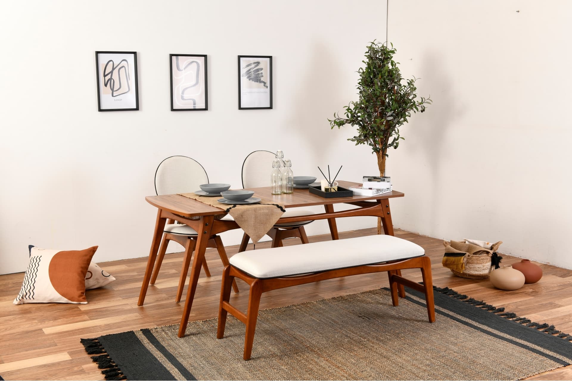 TOUCH BENCHLİ İSKANDİNAV MASA TAKIMI, KREM, 160X80