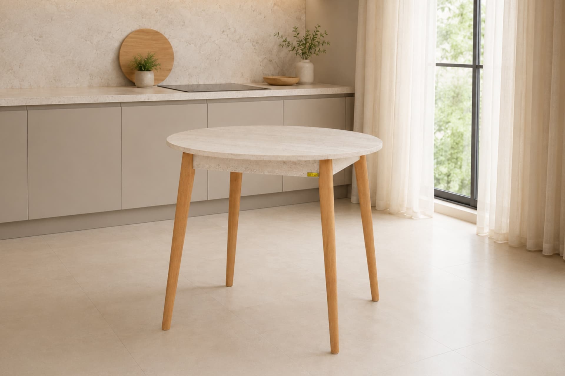 AVANOS YUVARLAK SABİT MDF MUTFAK MASASI, Q90 CM, BEJ NATUREL