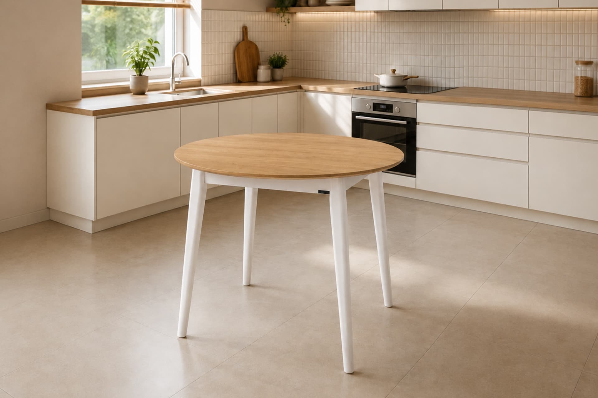 AVANOS YUVARLAK SABİT MDF MUTFAK MASASI, Q90 CM, NATUREL BEYAZ